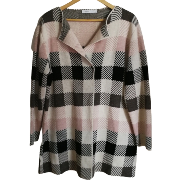 Skovhuus Sweaters - SKOVHUUS Pink Black Grey Herringbone Open Virgin Wool & Alpaca Long Cardigan XL